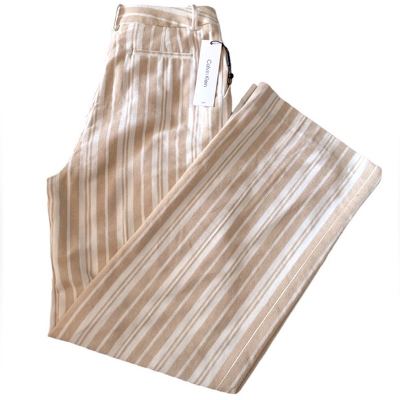 NWT Calvin Klein women pants beige/white Striped high rise straight legs size 6 - Picture 1 of 8